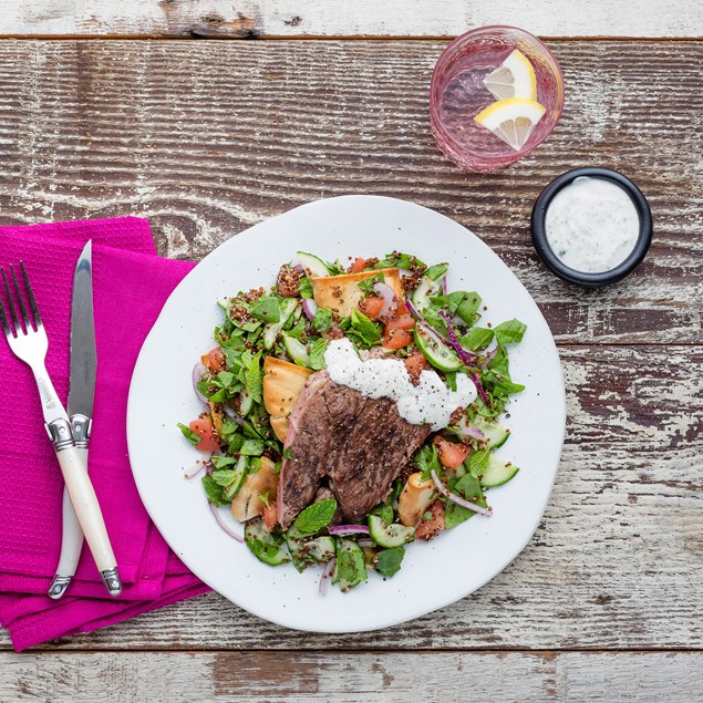 Lamb with Red Quinoa Fattoush and Sumac Yoghurt