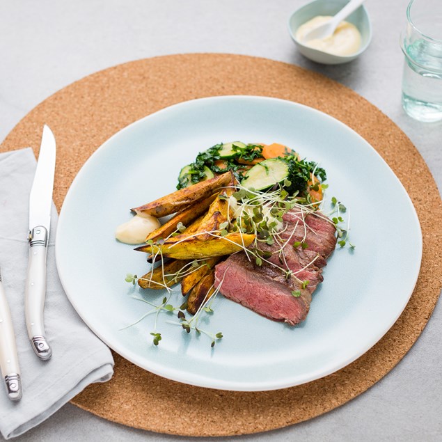 Beef with Smoky Kumara Wedges and Citrus Vegetable