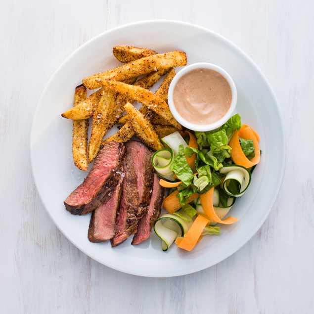 BBQ Beef Steaks with Polenta Fries and Crunchy Salad