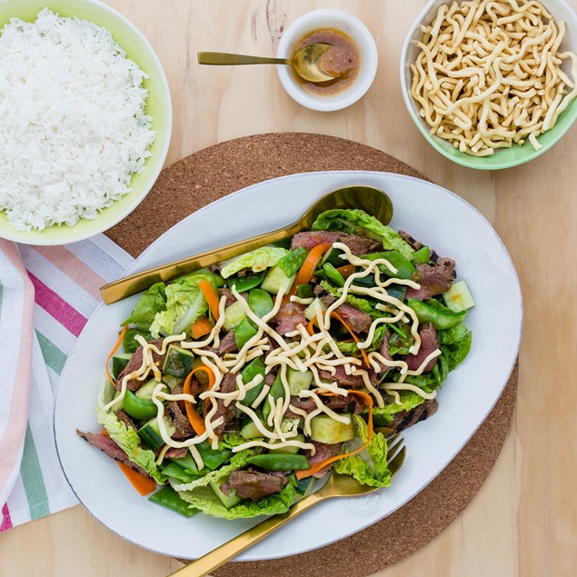 Thai Beef Salad with Rice and Crispy Noodles