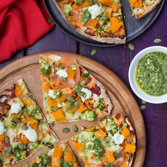 Roasted Butternut and Broccoli Pizzas with Basil Mayo