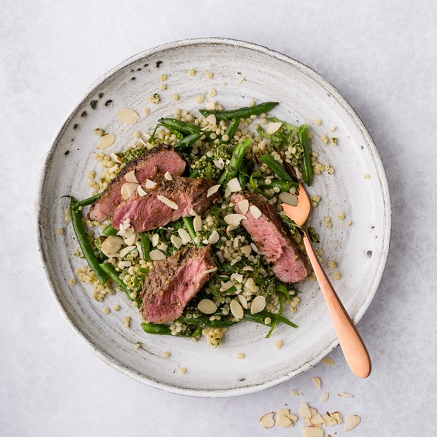 Greek Lamb Steaks with New Season Asparagus & Mint Pesto