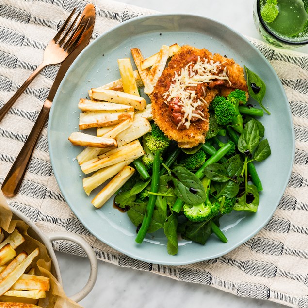 Bruschetta Chicken with Parsnip Chips & Balsamic Greens