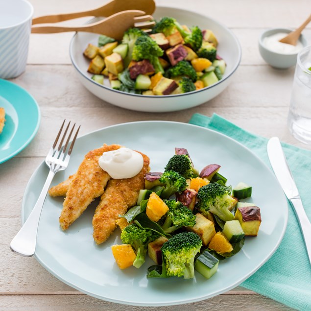 Cornflake Chicken with Broccoli, Kumara and Orange Salad