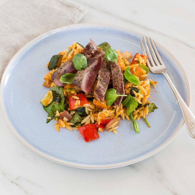 Rosemary-Rubbed Beef with Mediterranean Vegetable Orzo