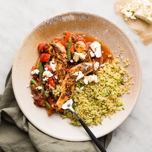 Tomato Chicken with Broccoli Bulgur and Beans