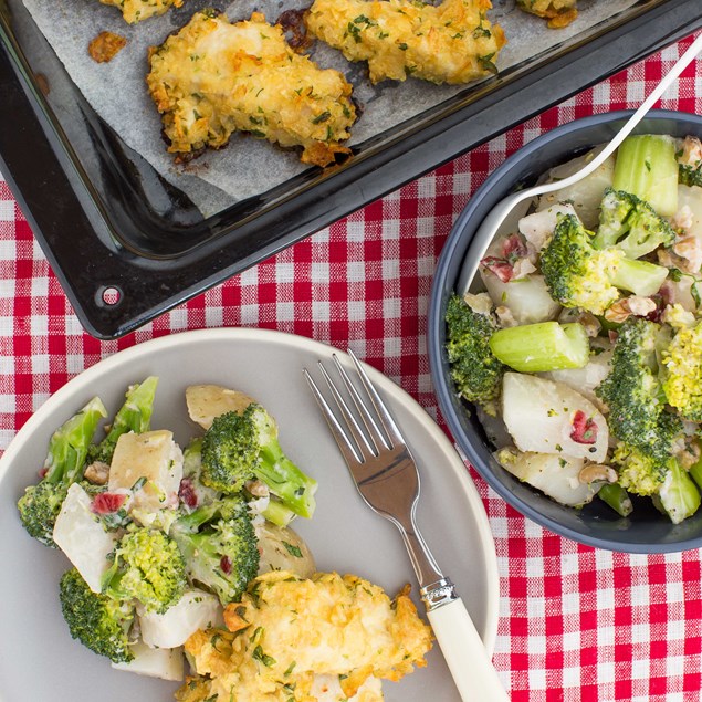 Crunchy Chip Crusted Chicken Fingers with Lemon and Broccoli Potato Salad