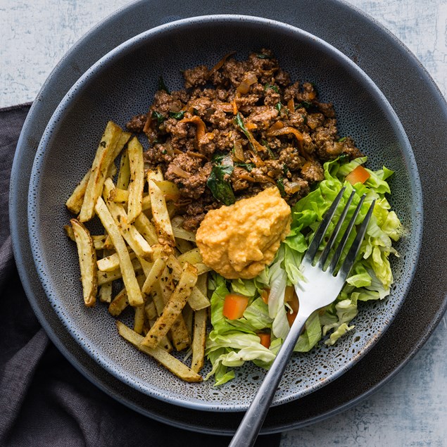 Greek Beef Gyro Bowls with Skinny Fries and Carrot Hummus 
