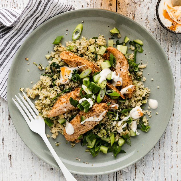 Cajun Chicken with Green Couscous and Mango Yoghurt