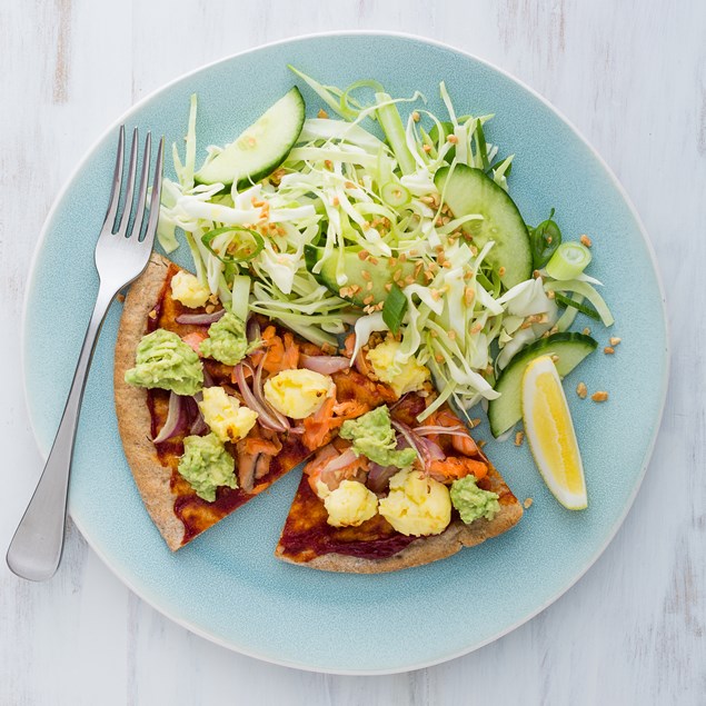 Salmon and Cream Cheese Pizzas with Avocado and Peanut Slaw