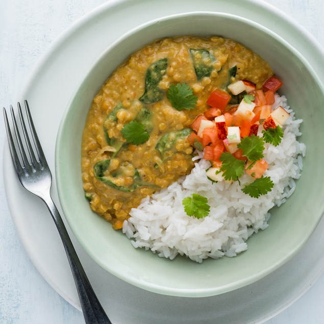 Red Lentil Dhal with Rice and Apple Salsa 