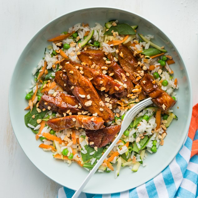 Glazed Pork Steaks with Veggie Rice