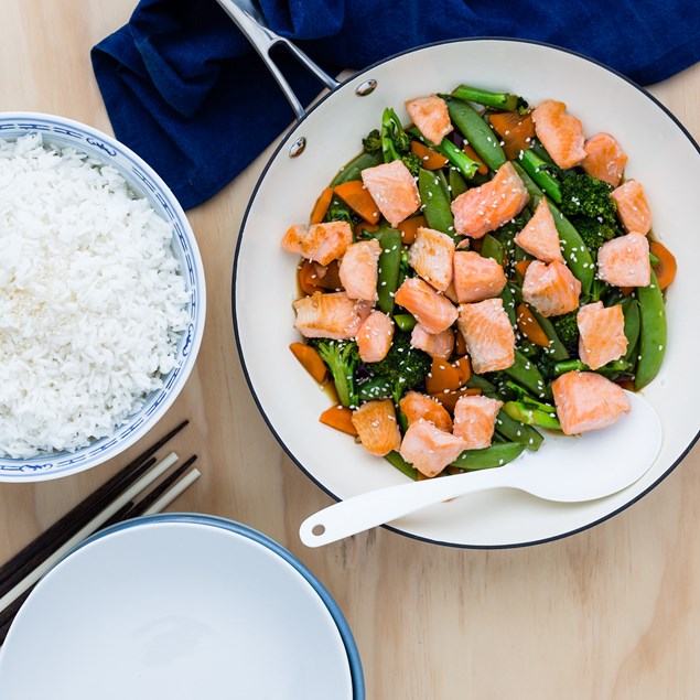 Salmon and Teriyaki Stir-Fry with Rice