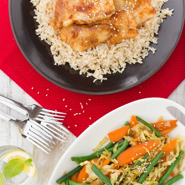 Hoisin Fish with Sesame Stir-Fry and Rice