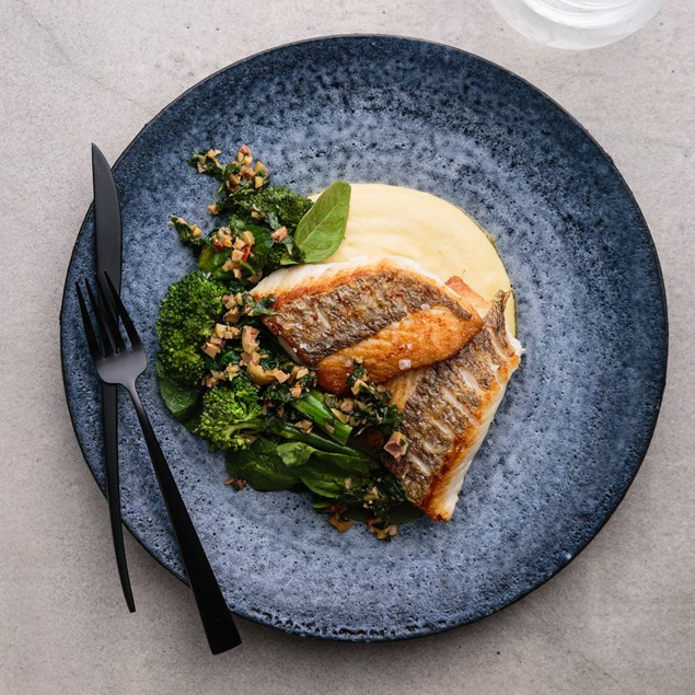 Crispy Skin Fish with Soft Polenta, Wilted Greens and Olive Gremolata