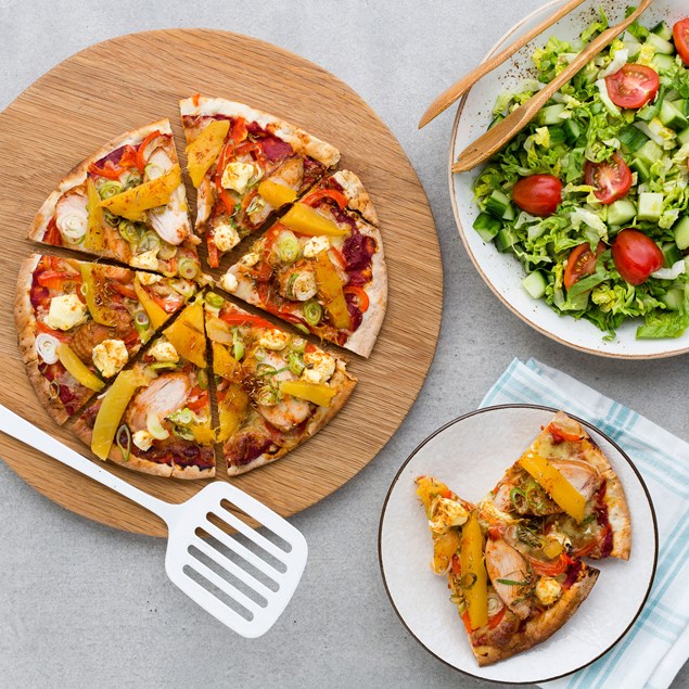 Smoked Chicken, Mango and Cream Cheese Pizzas with Salad