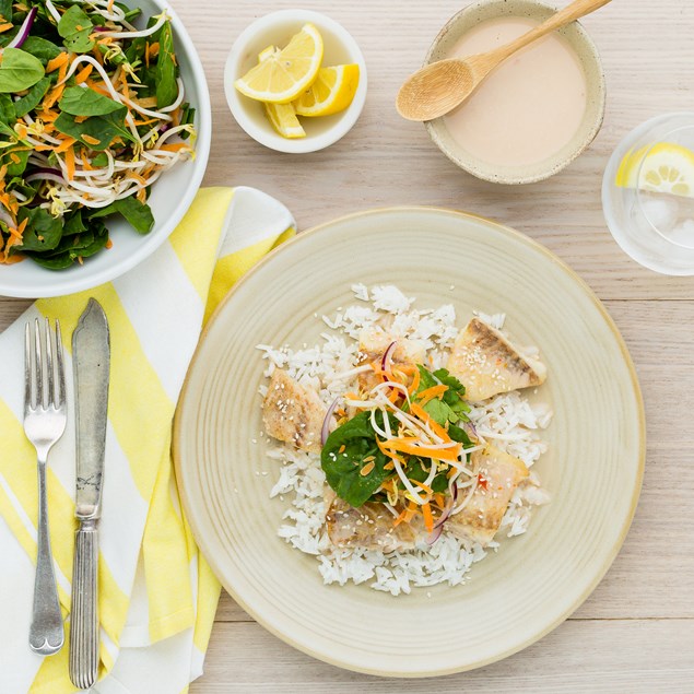 Pan-Fried Fish with Thai-Style Salad and Coconut Sauce