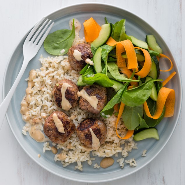 Satay Beef Meatballs with Brown Rice and Rocket Salad 