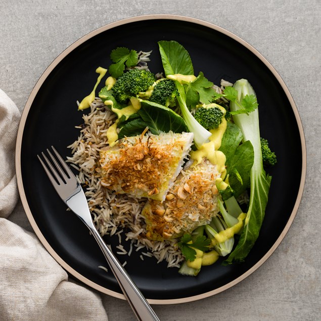 Cashew Coconut Crusted Fish with Bombay Aioli