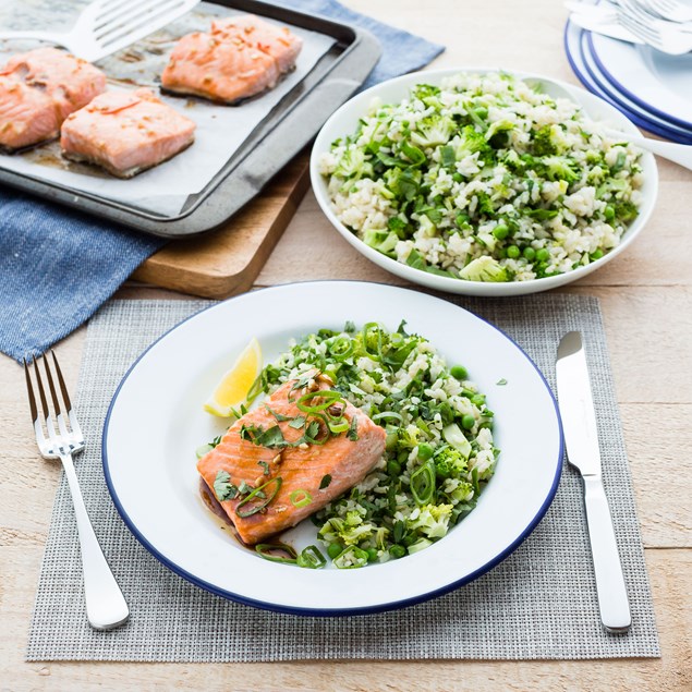 Sweet Chilli Baked Salmon with Sesame Pea and Broccoli Rice