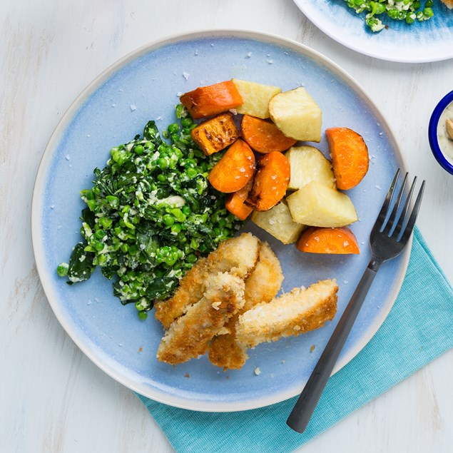 Fish Fingers with Pea-Feta Smash and Baby Roasties