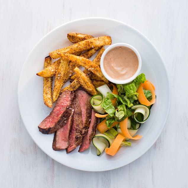 BBQ Beef Steaks with Polenta Fries and Crunchy Salad