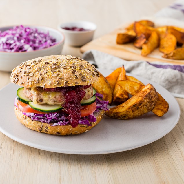 Turkey and Cranberry Burgers with Paprika Wedges