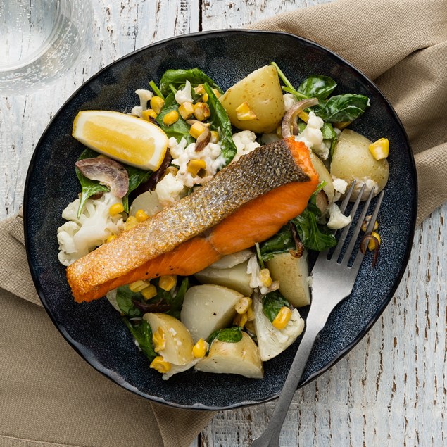 Crispy Salmon with Potatoes and Corn