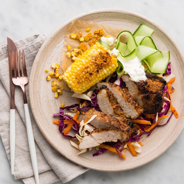 Mexican Pork with Charred Corn and Spicy Slaw