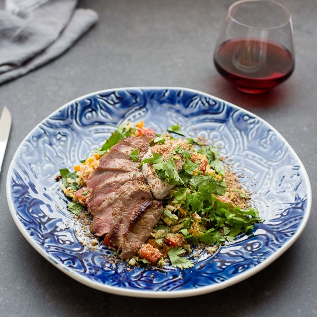 Lamb with Cauliflower Couscous, LSA and Spicy Chai Coconut Yoghurt