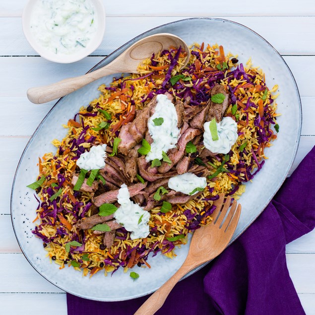 Indian-Spiced Rice with Lamb Leg Steaks and Raita