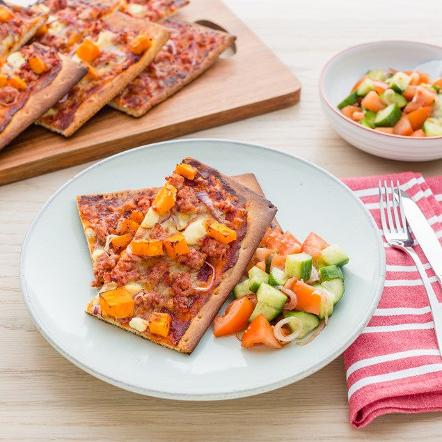 Roast Pumpkin and Bacon Pizzas with Salad