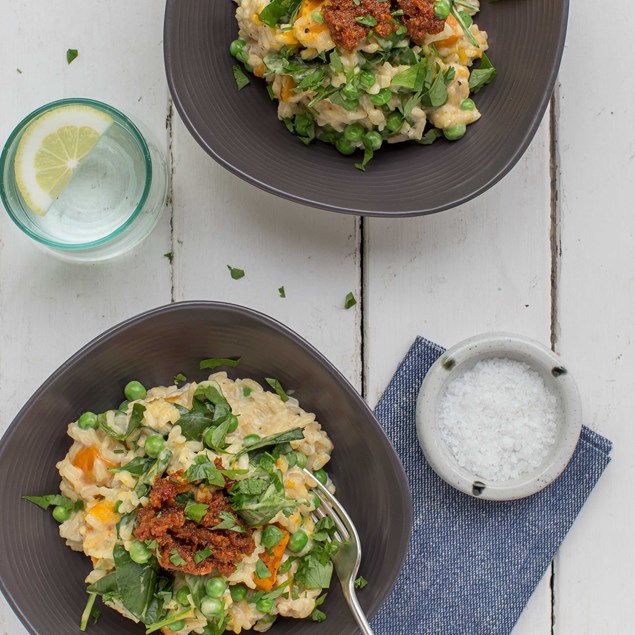 Pumpkin, Pea and Spinach Risotto with Sundried Tomato Pesto