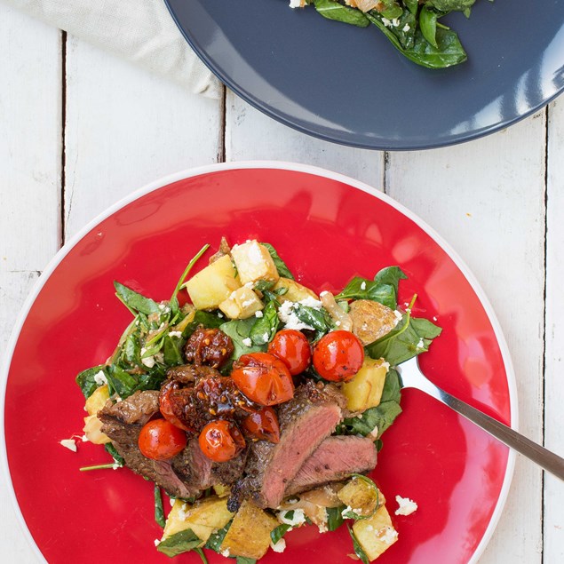 Marinated Beef Steaks with Spinach and Feta Potatoes and Balsamic Tomatoes