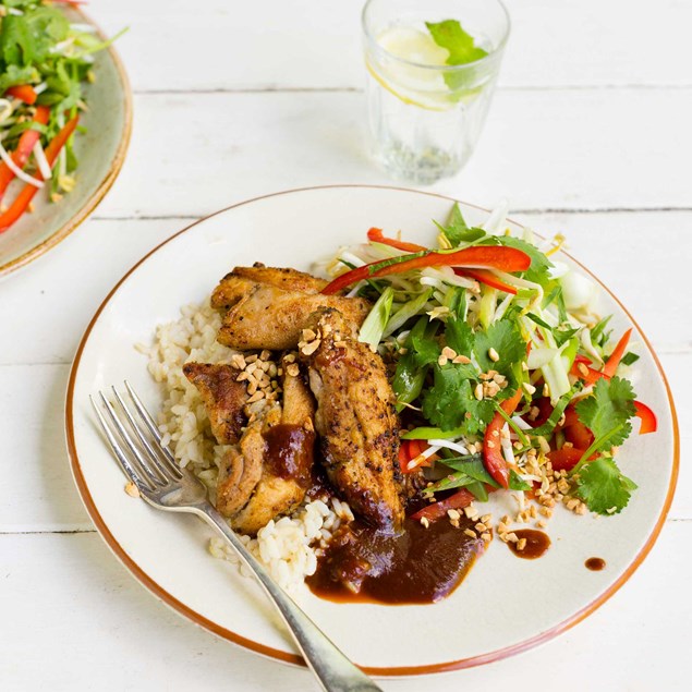 Spiced Chicken Thighs with Japanese Rice, Salad and Asian BBQ Sauce ...