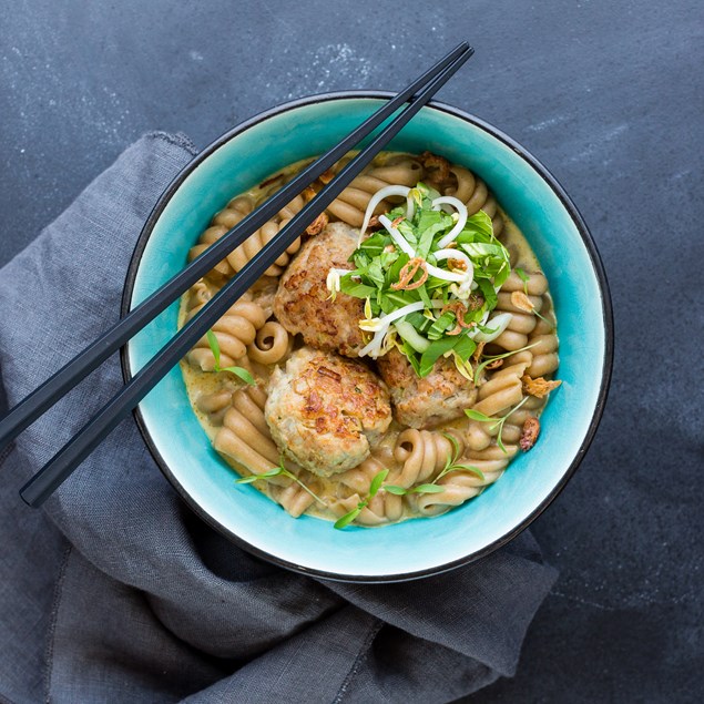 Duck Meatballs with Laksa, Cinnamon Basil and Five- Spice Onde