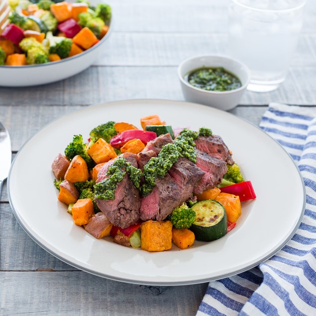 Beef Sirloin with Roast Vegetable Salad and Pesto