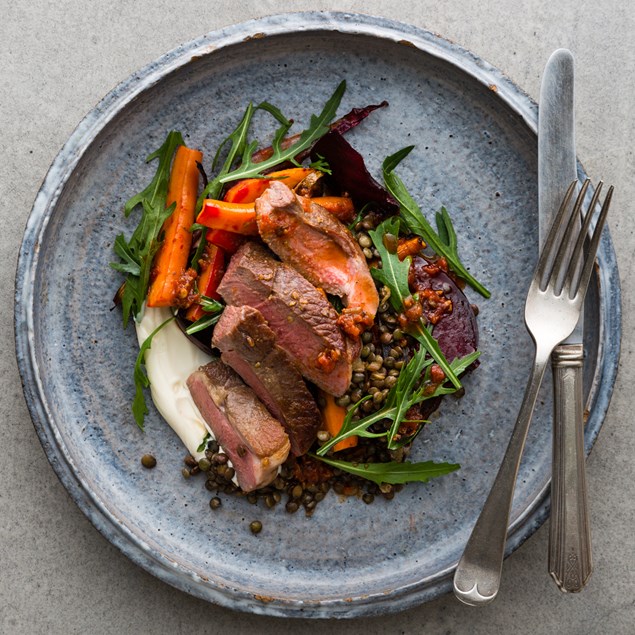 Lamb with Roasted Winter Root Veggie Salad and Harissa Dressing