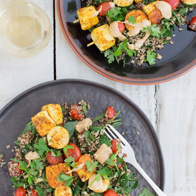 Haloumi, Courgette and Cherry Tomato Skewers with Quinoa and Tahini Dressing