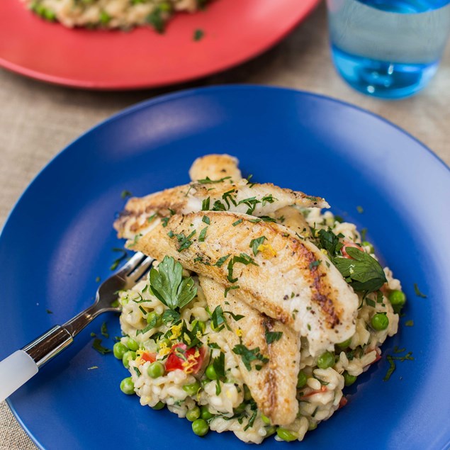Pan-Fried Fish with Pea and Lemon Risotto