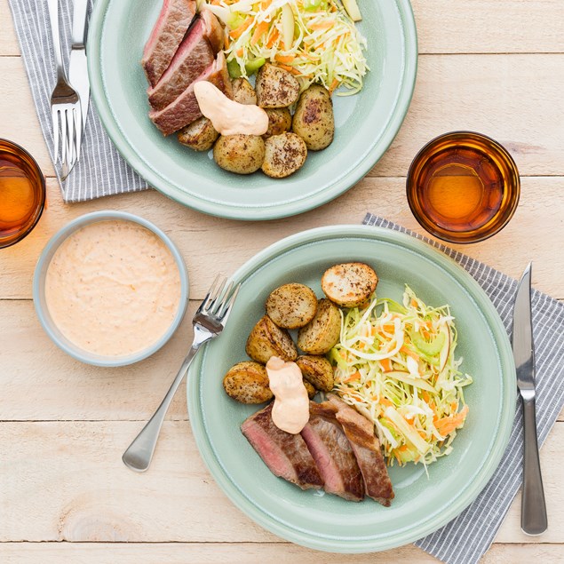 Beef Sirloin Steak with Baby Roasties and Harissa Aioli