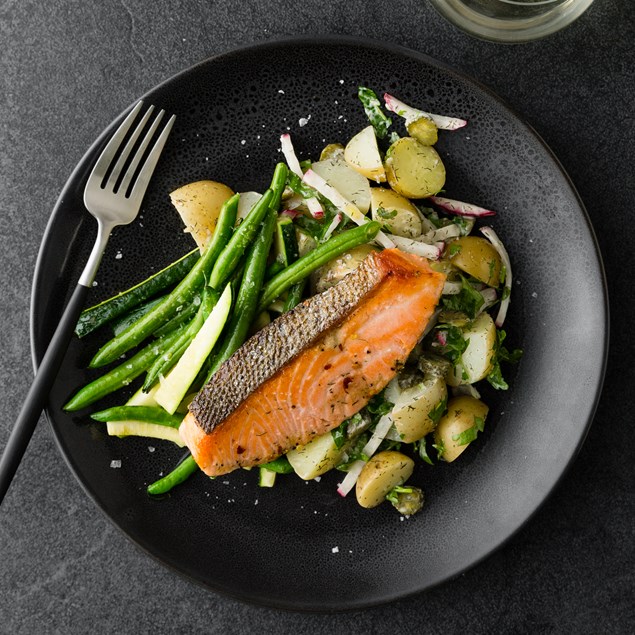 Salmon With Dill Creme Fraiche Baby Potato Salad And Greens My Food Bag