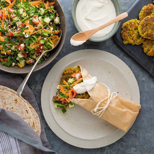 Falafel Wraps with Mint Spinach Salad and Tahini Yoghurt