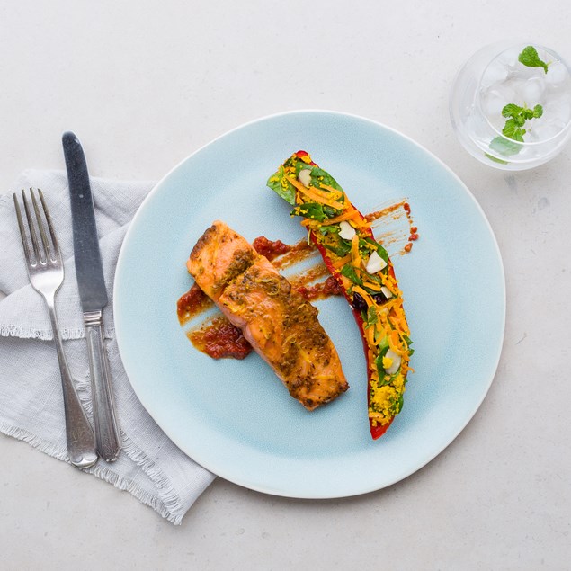 Chemoula Baked Salmon with Stuffed Palermo Capsicum