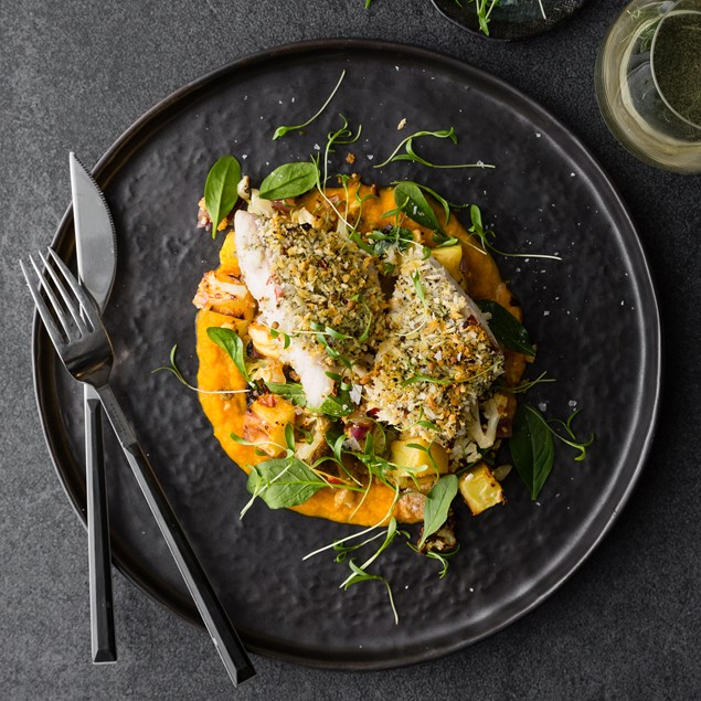 Furikake Fish with Spiced Carrot Ginger Purée and Baby Coriander