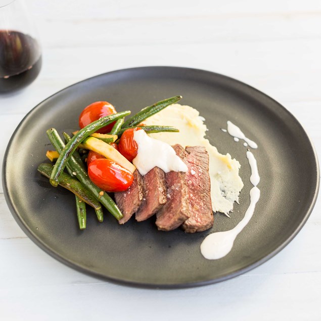 Eye Fillet Steak with Horseraddish Whipped Potatoes and Garlic Veggies