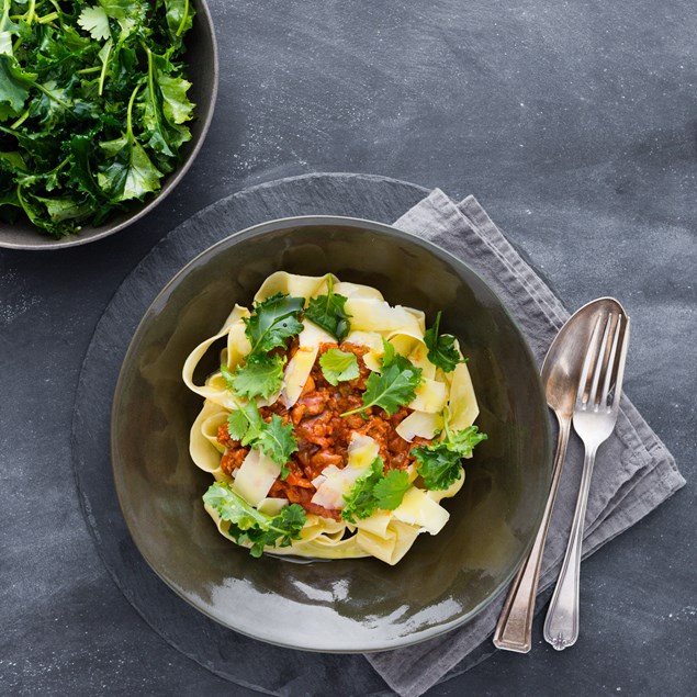 Pappardelle with Sugo Bugiardo and Baby Leaf Parsley Salad