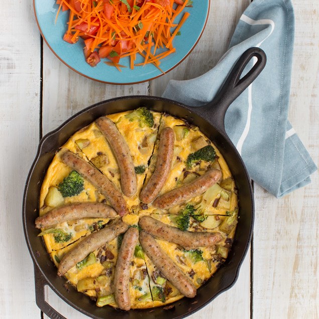 Chicken Bacon Sausage and Broccoli Frittata with Carrot and Tomato Salad