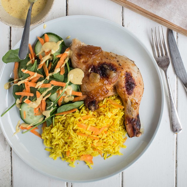 Spiced Mango Roast Chicken with Turmeric Rice and Salad
