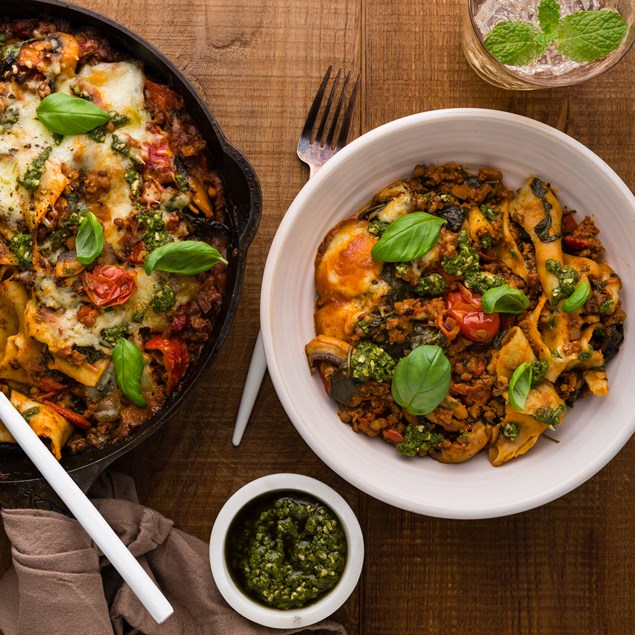 Beef & Mushroom Skillet Lasagne with Mozzarella & Pesto - My Food Bag